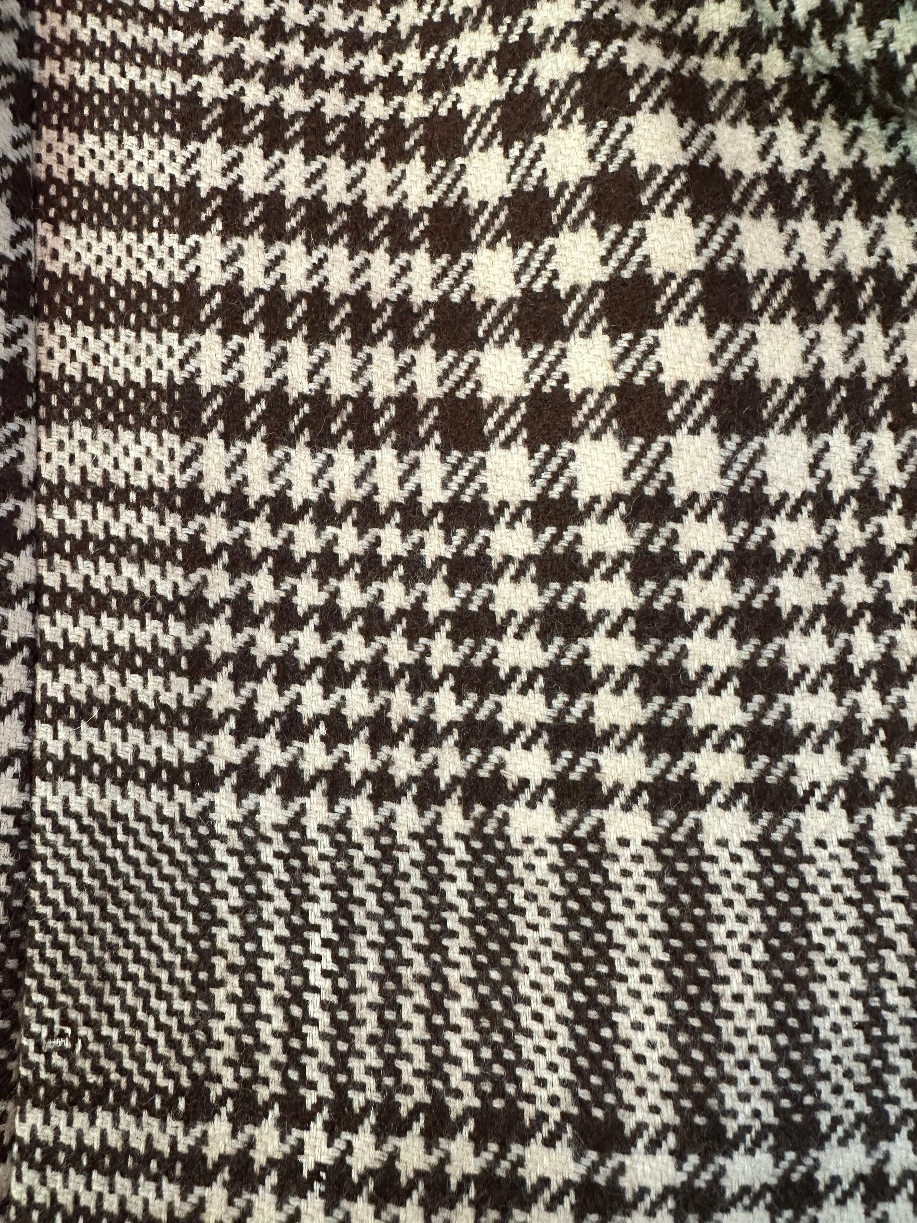 Valentino Late 70s Brown and Ivory Houndstooth Wool Coat with Velvet Trim