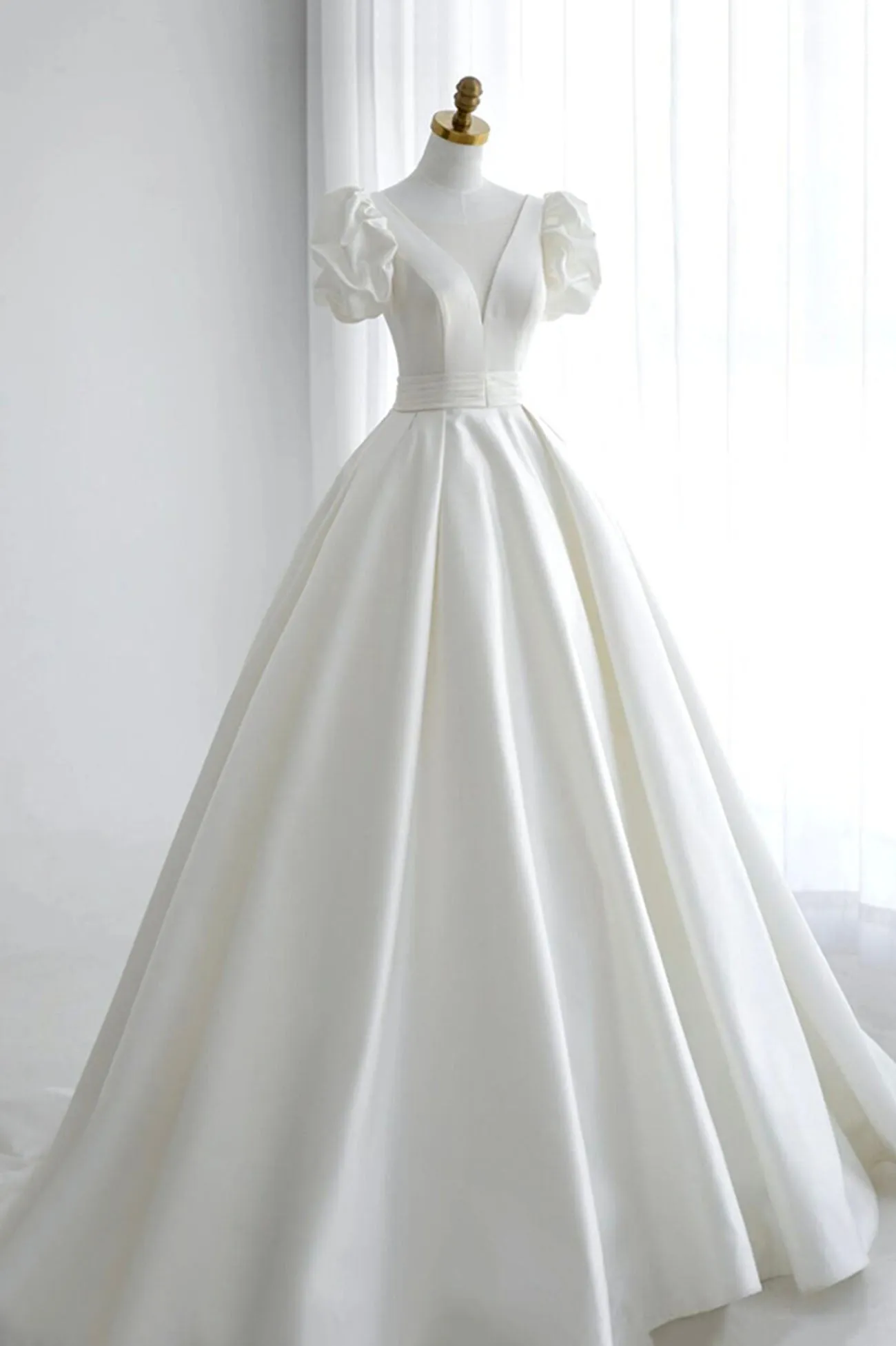 White V-Neck Satin Long Formal Dress Wedding Formal Dress