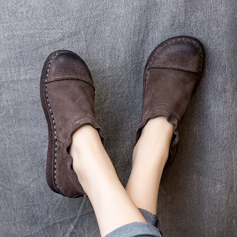 Women Autumn Retro Cowhide Soft Flat Shoes