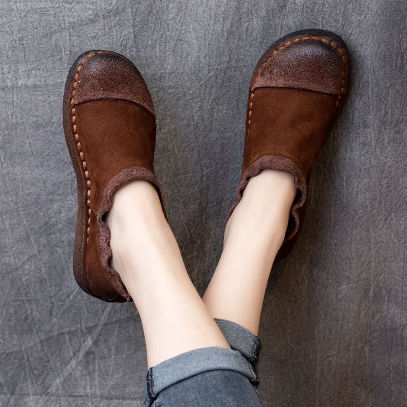 Women Autumn Retro Cowhide Soft Flat Shoes