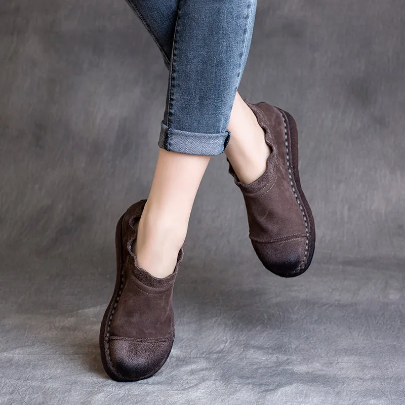 Women Autumn Retro Cowhide Soft Flat Shoes