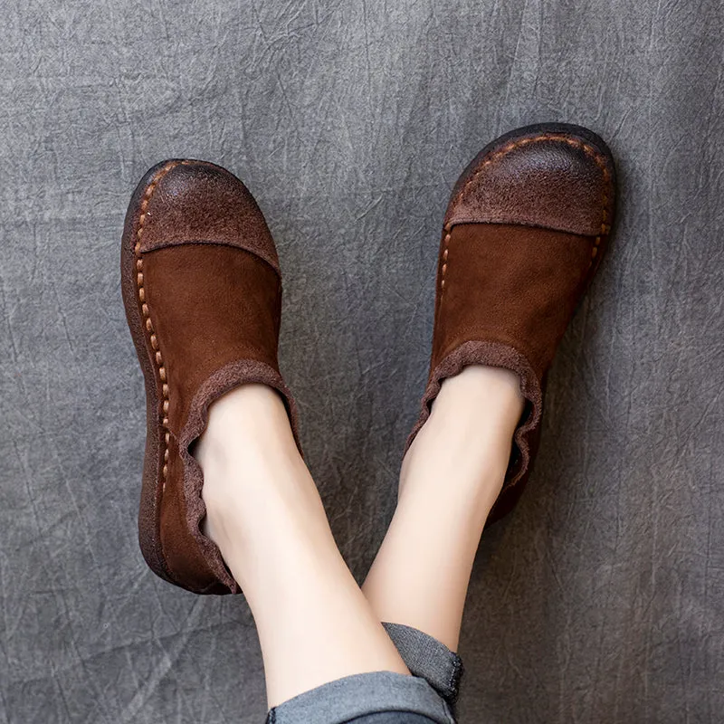 Women Autumn Retro Cowhide Soft Flat Shoes