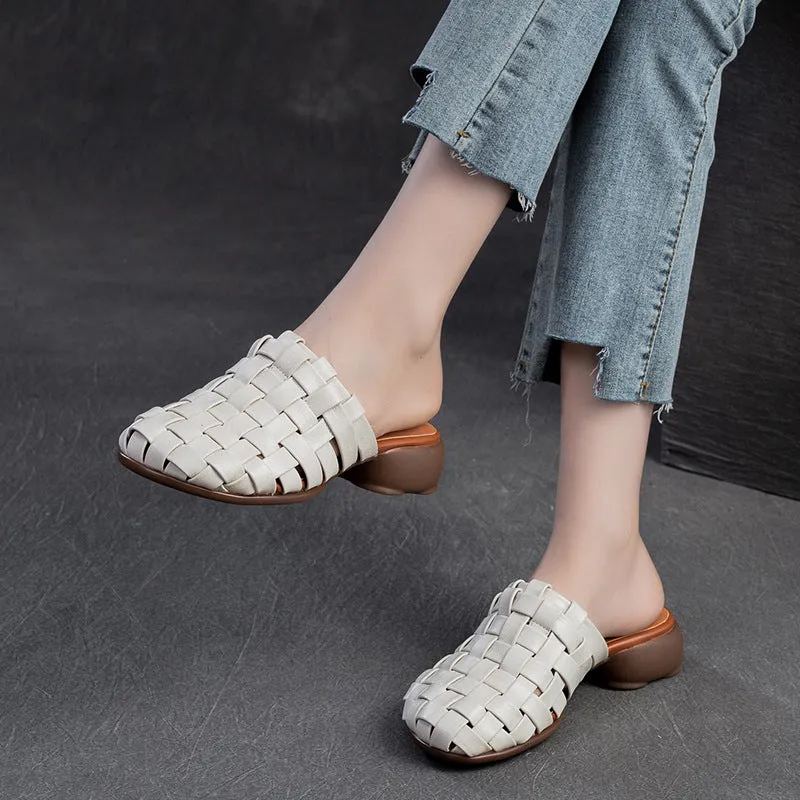 Women Handmade Plaited Leather Low Block Slides Sandals