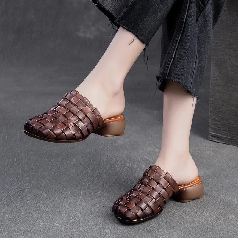 Women Handmade Plaited Leather Low Block Slides Sandals