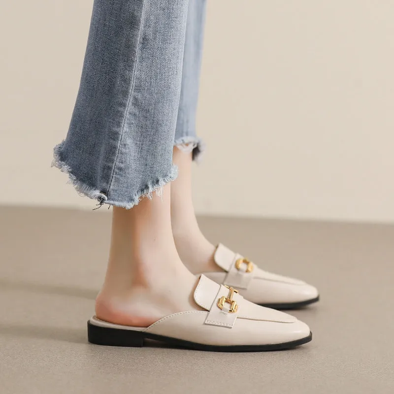 Women Retro Buckle Flat Mules Slip On Shoes