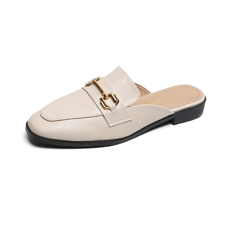 Women Retro Buckle Flat Mules Slip On Shoes