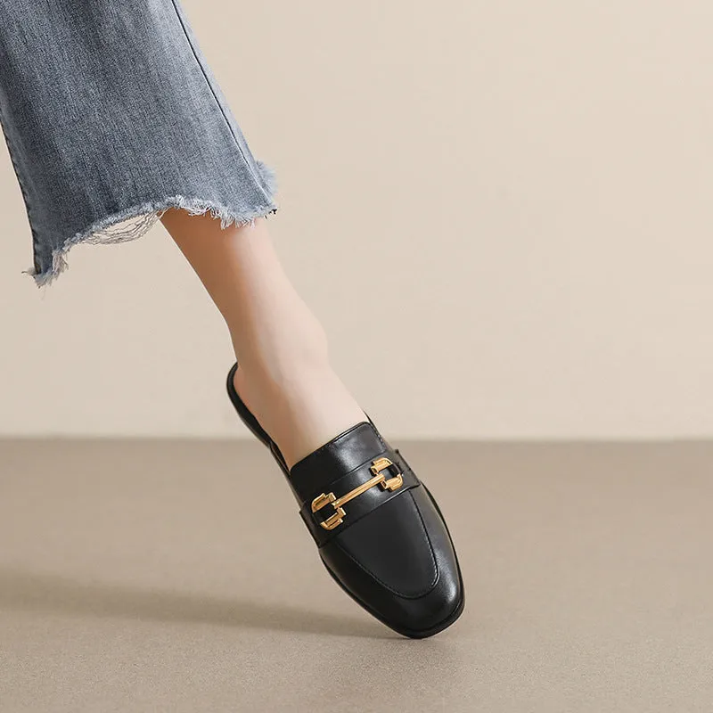 Women Retro Buckle Flat Mules Slip On Shoes