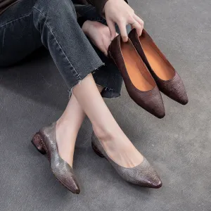 Women Retro Embossed Leather Chunky Heel Pumps Shoes